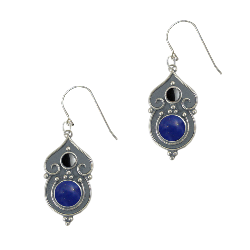 Sterling Silver Gothic Inspired Drop Dangle Earrings With Lapis Lazuli And Hematite